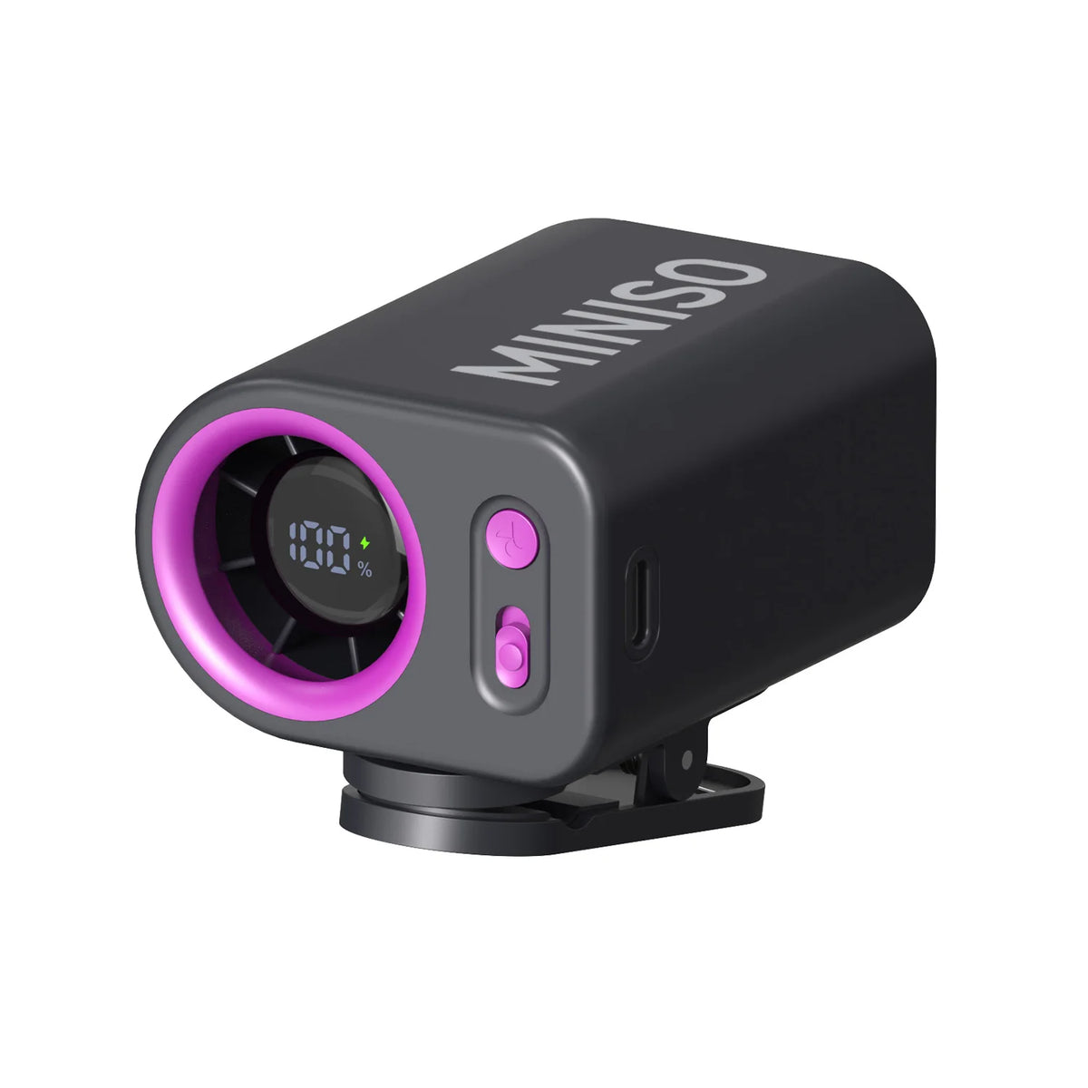 Ventilador portátil de clip con batería, con rejilla circular que muestra el nivel de batería al 0.00%