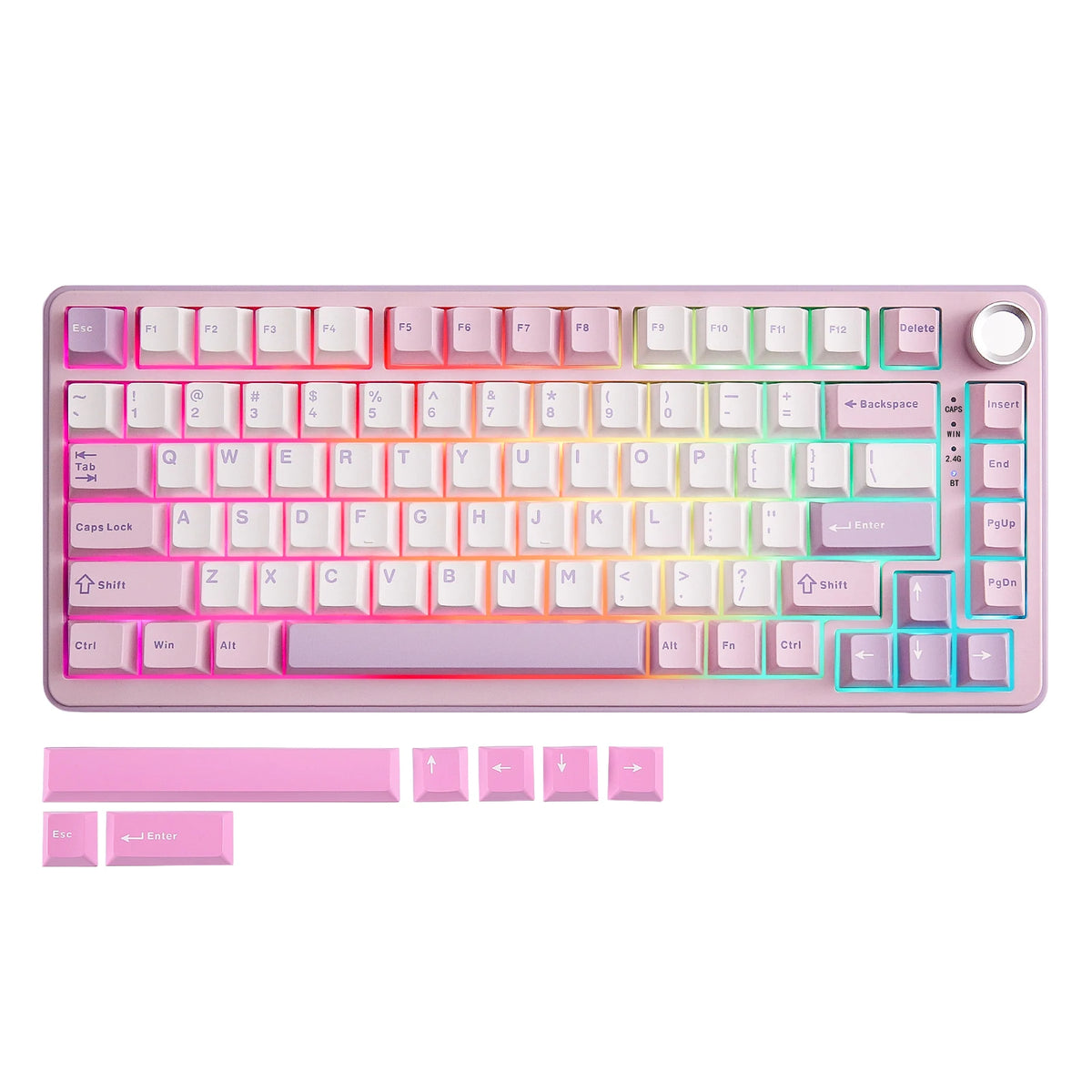A pink wireless mechanical keyboard featuring RGB backlighting and gasket mount design.