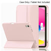 A pink universal protective case for an iPad, shown with the tablet inside and the case alone.