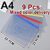 A transparent plastic document file organizer bag containing 9 mixed color sheets.