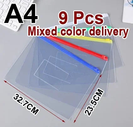 A transparent plastic document file organizer bag containing 9 mixed color sheets.
