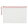 A clear mesh zipper bag with a pink trim and a white checkered pattern.