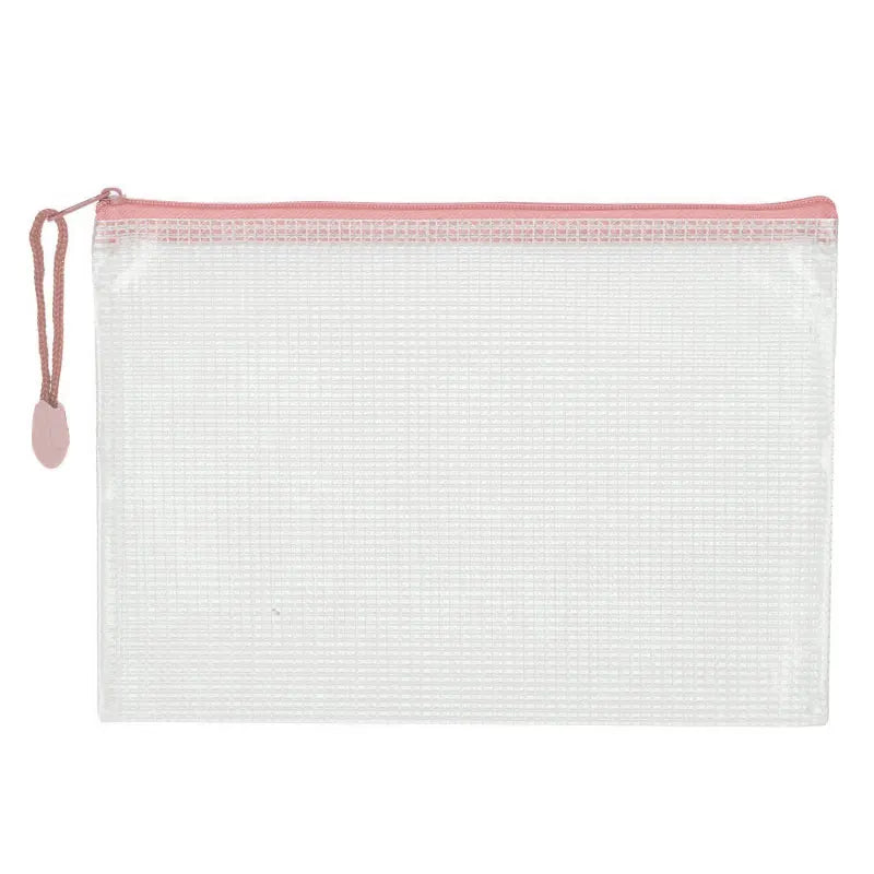 A clear mesh zipper bag with a pink trim and a white checkered pattern.