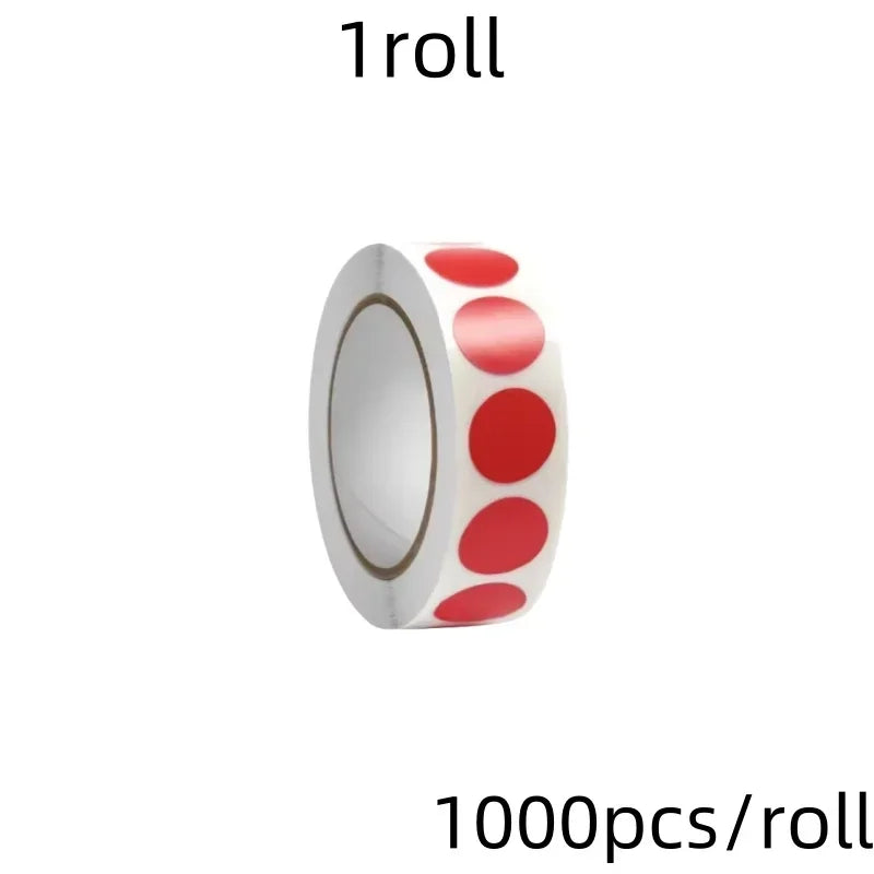 A roll of round assorted color dot labels for organization, showing a cylindrical roll with red and white dots.