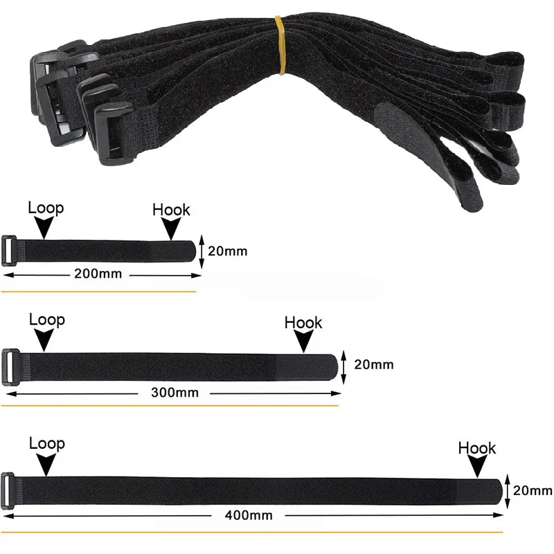 Black reusable hook and loop cable ties shown in various lengths: 200mm, 300mm, and 400mm.