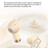 A pair of gold-colored AI-powered translator earbuds resting on a white, circular display base.