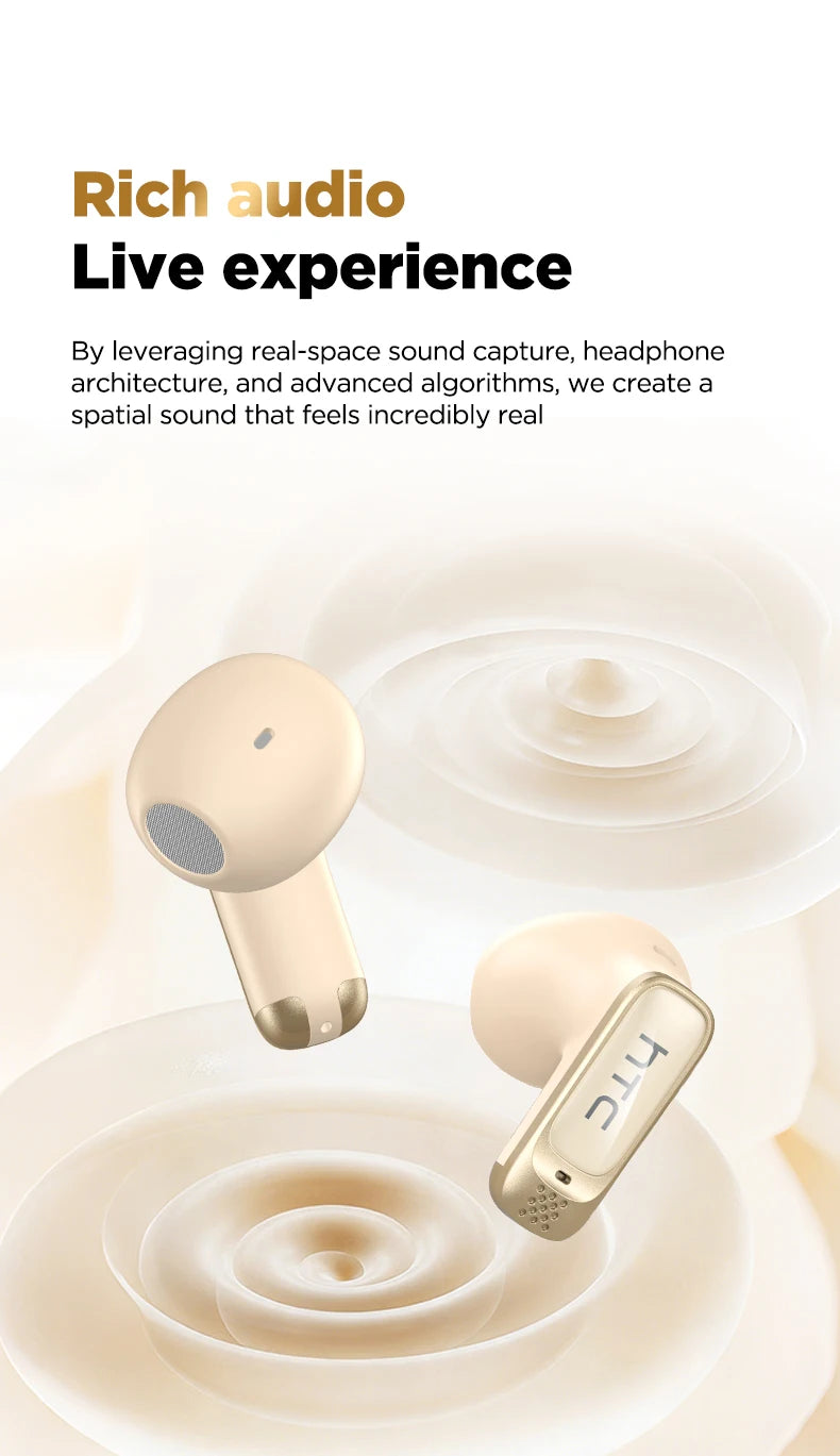 A pair of gold-colored AI-powered translator earbuds resting on a white, circular display base.