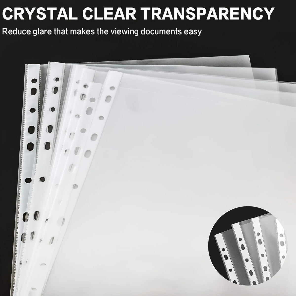 Clear top-loading sheet protectors for 3-ring binders shown in a stack and an isolated view.