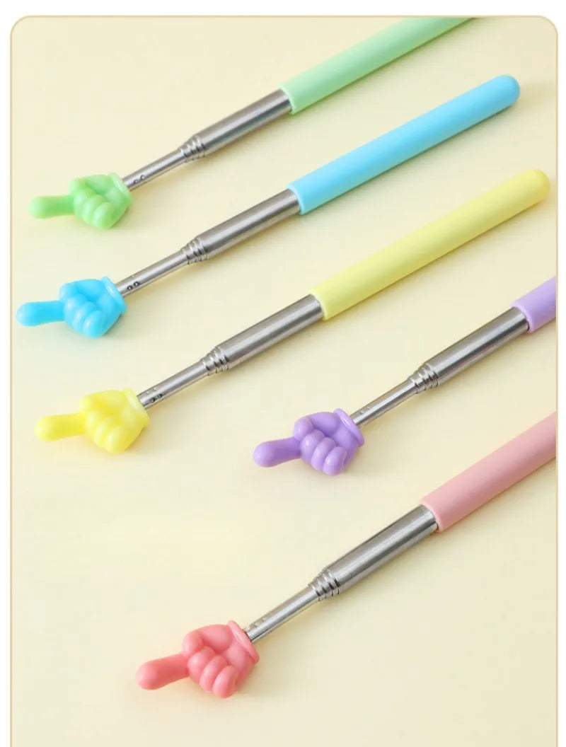 A collection of colorful stainless steel telescopic teaching pointers with rubber grips.