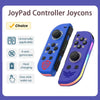A pair of blue Joypad controllers shown with features like universal applicability, 6-axis gyroscope, host charging, and one-