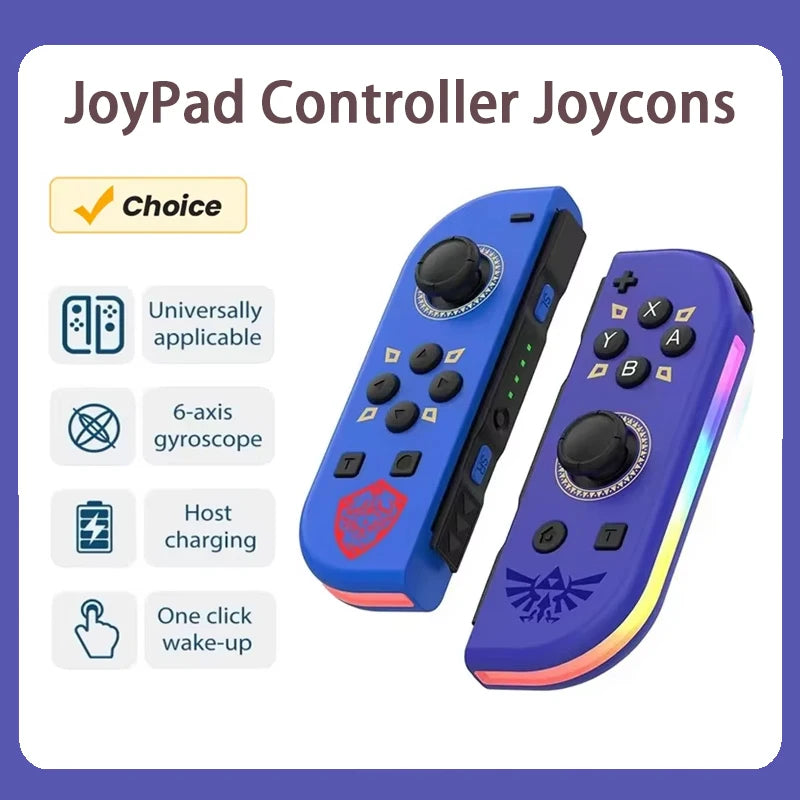 A pair of blue Joypad controllers shown with features like universal applicability, 6-axis gyroscope, host charging, and one-