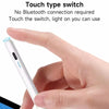 A hand is touching a white capacitive stylus pen, demonstrating its touch type switch feature.
