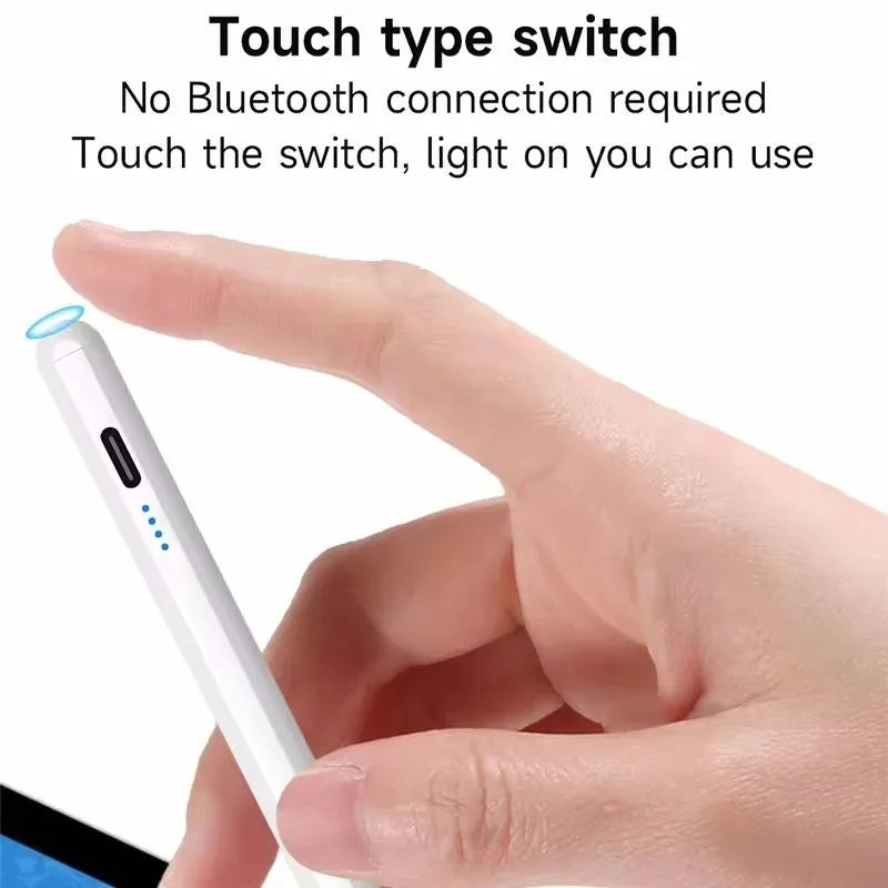A hand is touching a white capacitive stylus pen, demonstrating its touch type switch feature.