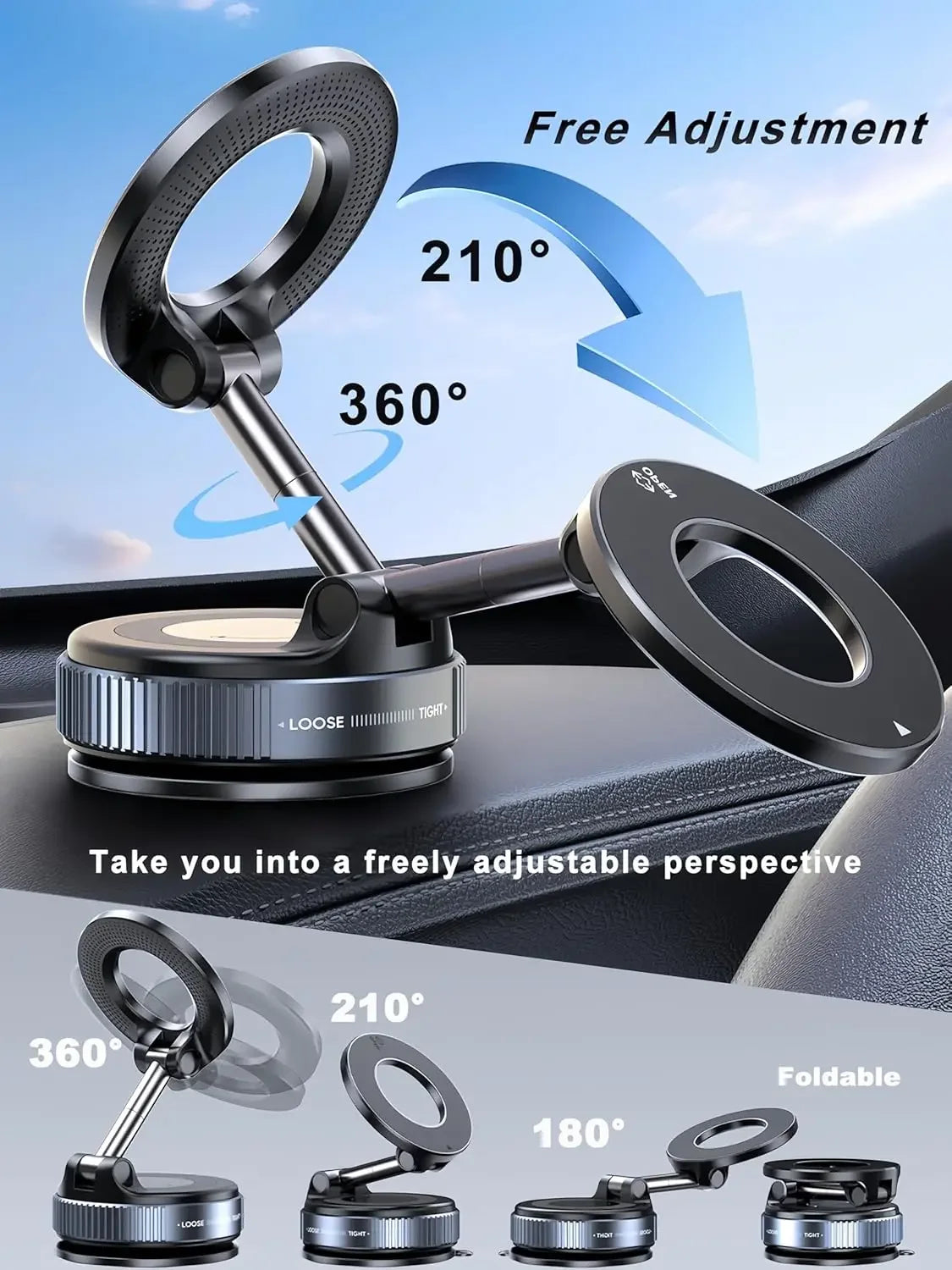 Schwarzer magnetischer Handyhalter für das Auto mit freier Verstellbarkeit und faltbarem Design.