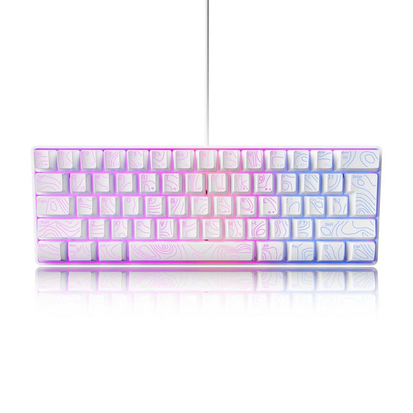 A close-up view of an RGB illuminated gaming keyboard with purple and blue lighting, resting on a reflective surface.