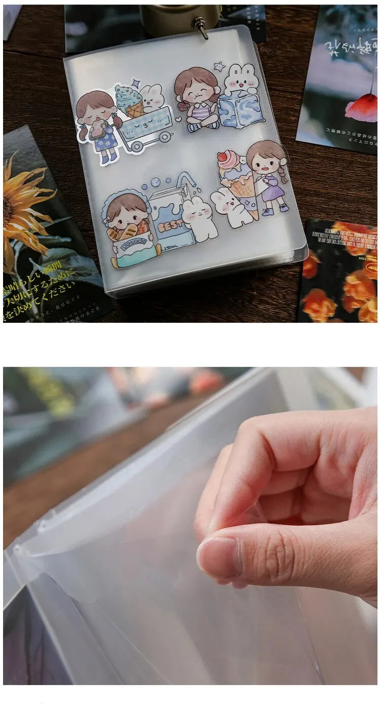 A clear photo storage booklet featuring cute illustrations of girls and animals.