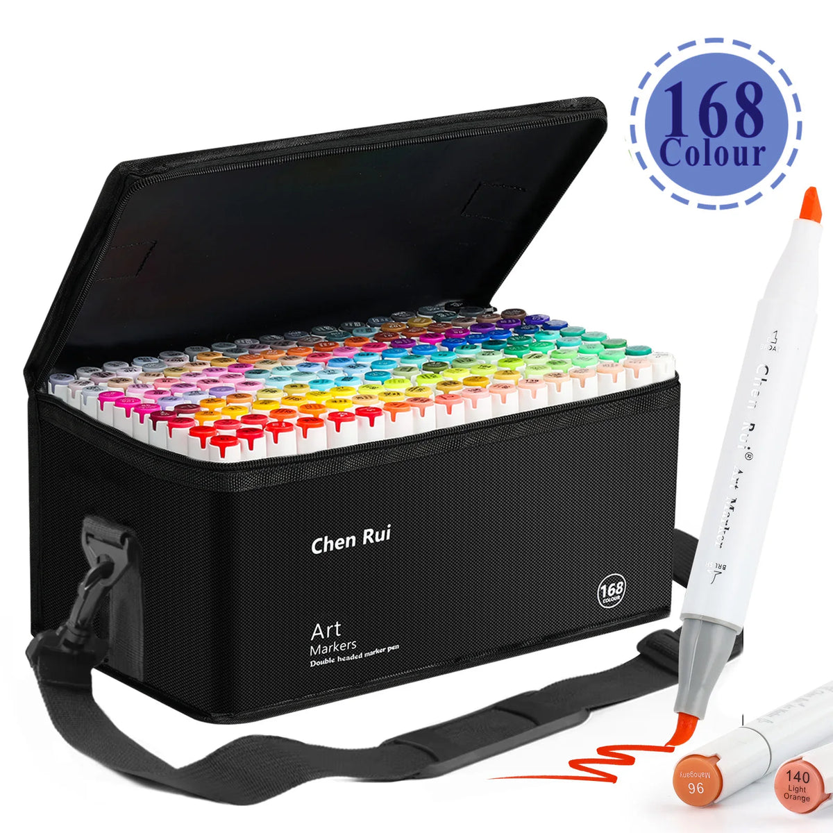 A black box of Chen Rui art markers with 168 colors and a dual-tip marker pen shown next to the packaging.