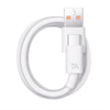 A white braided nylon USB-C fast charging cable with a connector for a device.