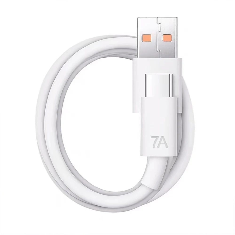 A white braided nylon USB-C fast charging cable with a connector for a device.
