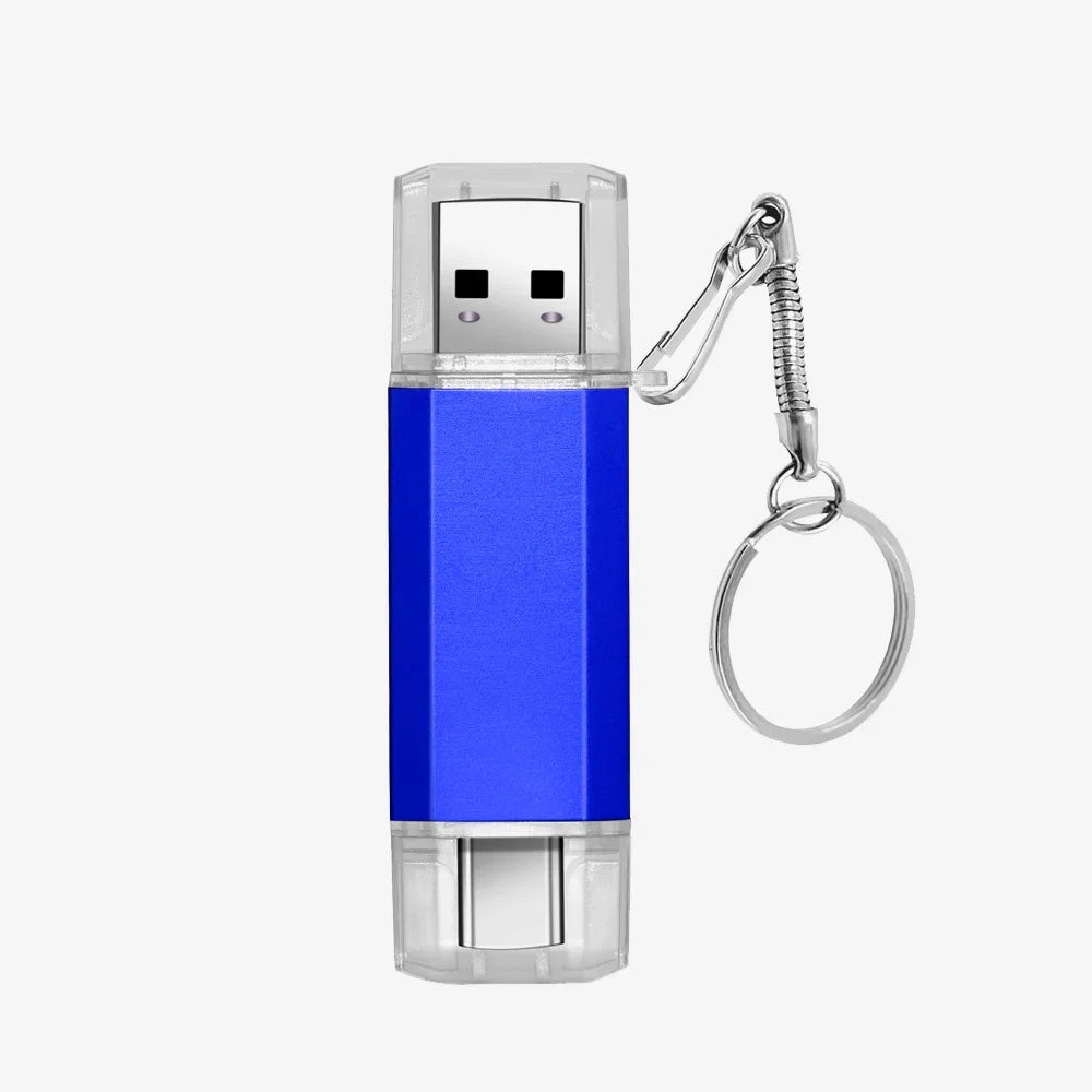 A blue dual USB and Type-C flash drive with a metal clip attached.
