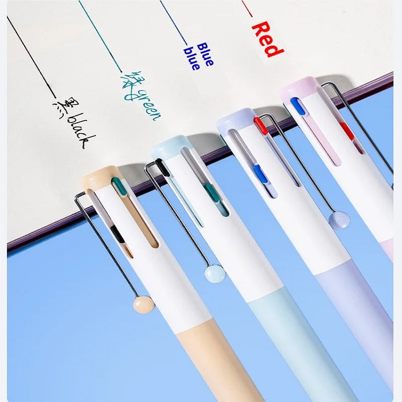 A set of four multi-color gel pens in black, blue, green, and red are displayed on a white background.
