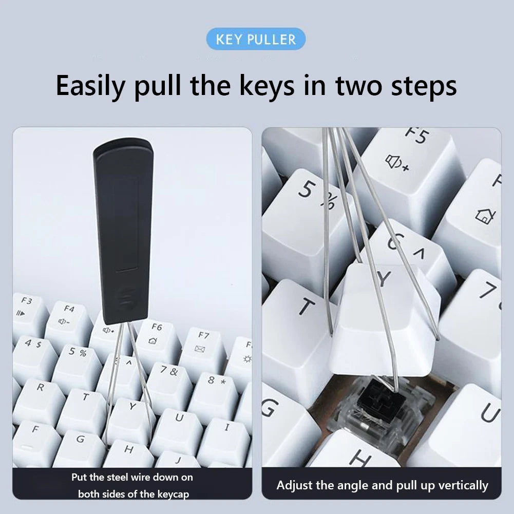 A mechanical keyboard keycap puller tool is shown with a black puller and white keycaps, demonstrating how to easily pull key