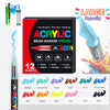 A set of 12 acrylic brush markers in various colors including blue, green, purple, orange, yellow, pink, white, and black.