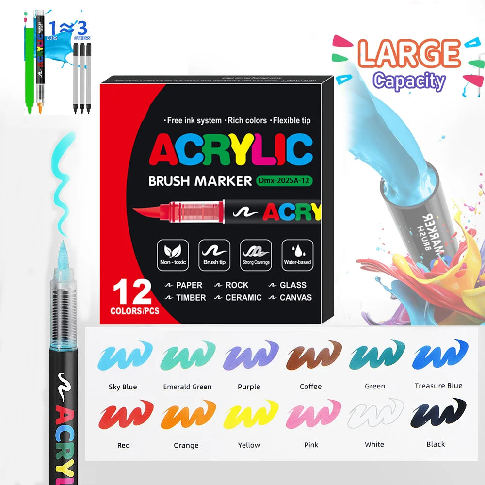 A set of 12 acrylic brush markers in various colors including blue, green, purple, orange, yellow, pink, white, and black.