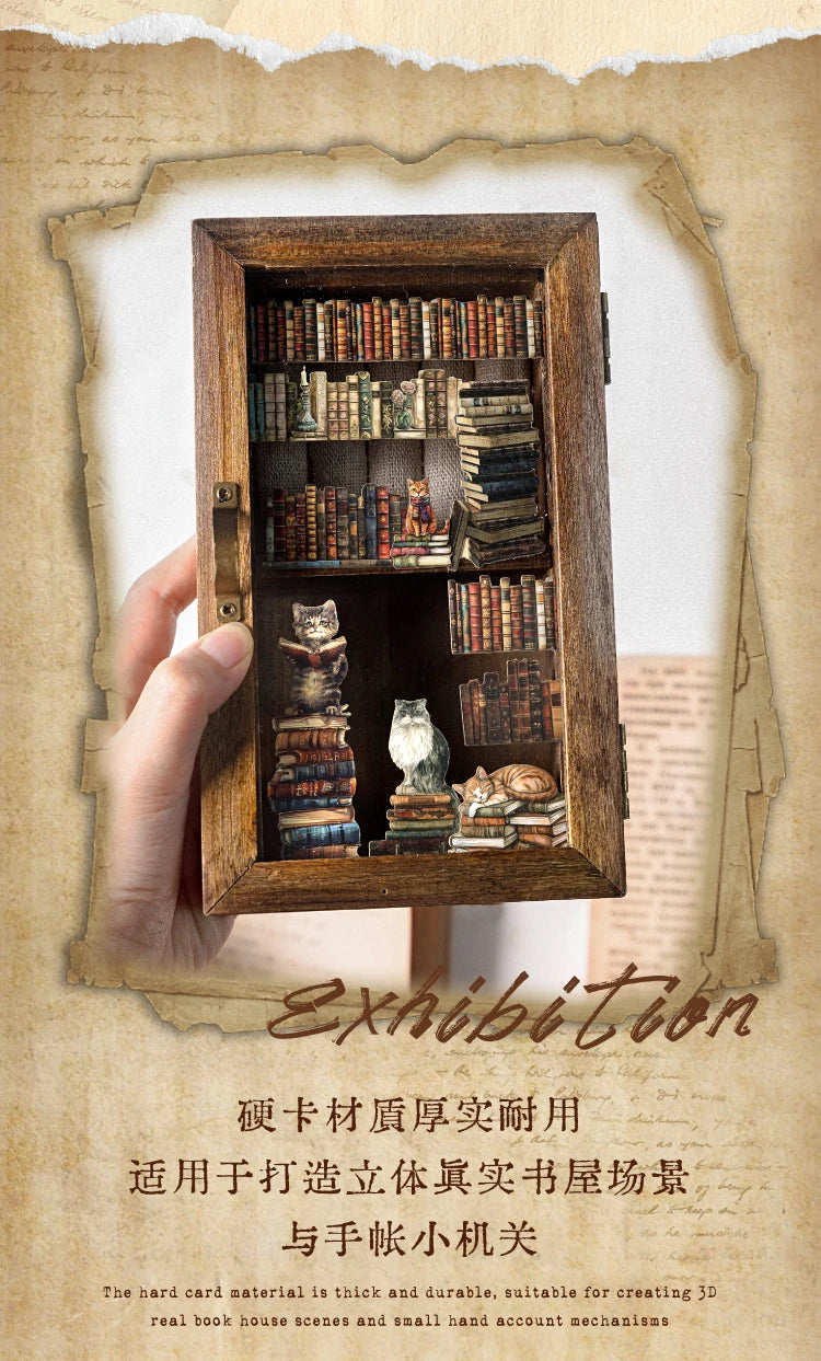 A wooden box displaying retro 3D relief book gallery stickers and small hand account mechanisms.