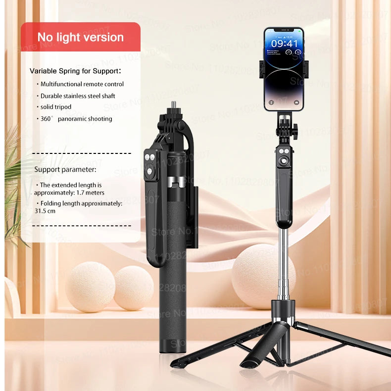 A black portable Bluetooth selfie stick tripod with a fill light and remote control is shown against a light background.