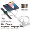 A 3-in-1 magnetic charging cable featuring a USB-C adapter and an L adapter for charging mobile phones and a smartwatch.