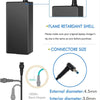 Black flame retardant AC adapter with external and interior connector sizes shown.