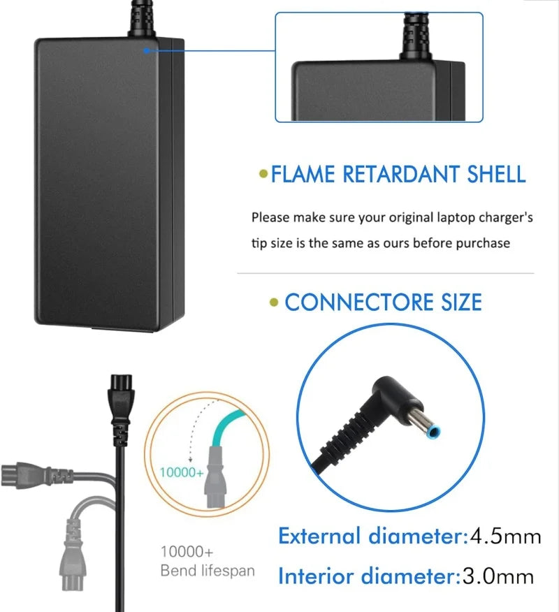 Black flame retardant AC adapter with external and interior connector sizes shown.