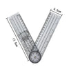 A precision stainless steel measuring ruler set showing a V-shaped angle and various measurements.