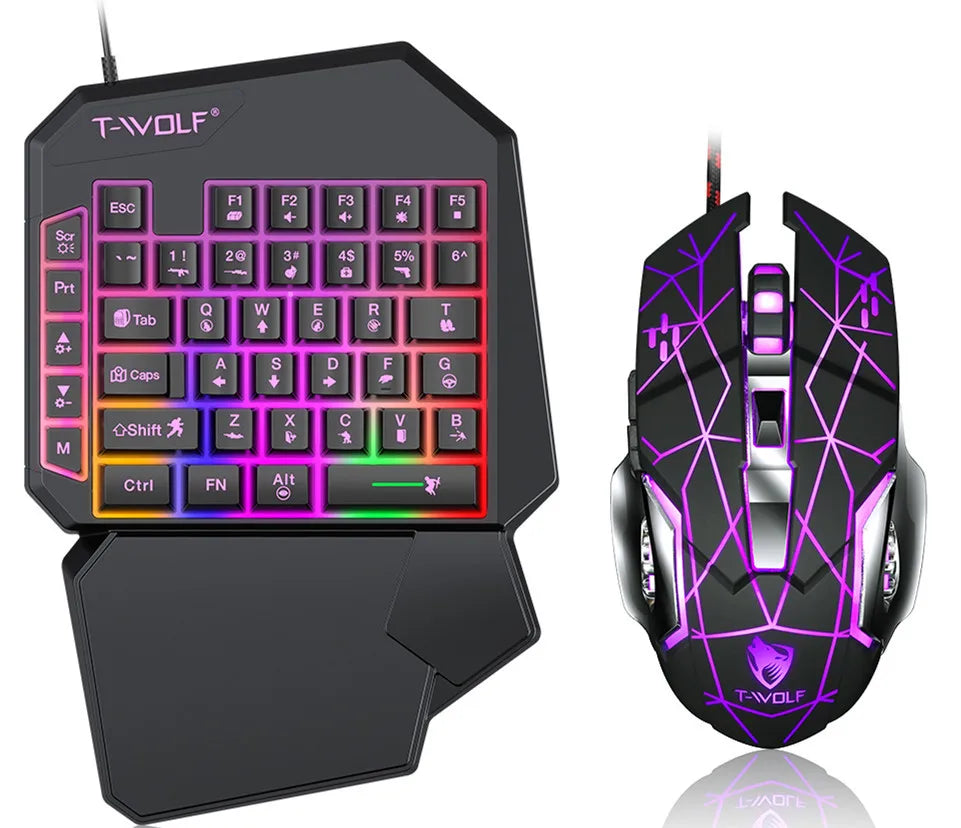 A black T-Wolf mobile gaming keyboard and mouse combo featuring purple and green LED backlighting.