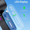 Close-up view of a portable USB rechargeable mini handheld fan showing LED display indicators for battery level and gear stat