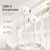 White USB-C earphones with a coiled cable and separate microphone components displayed on a white surface.