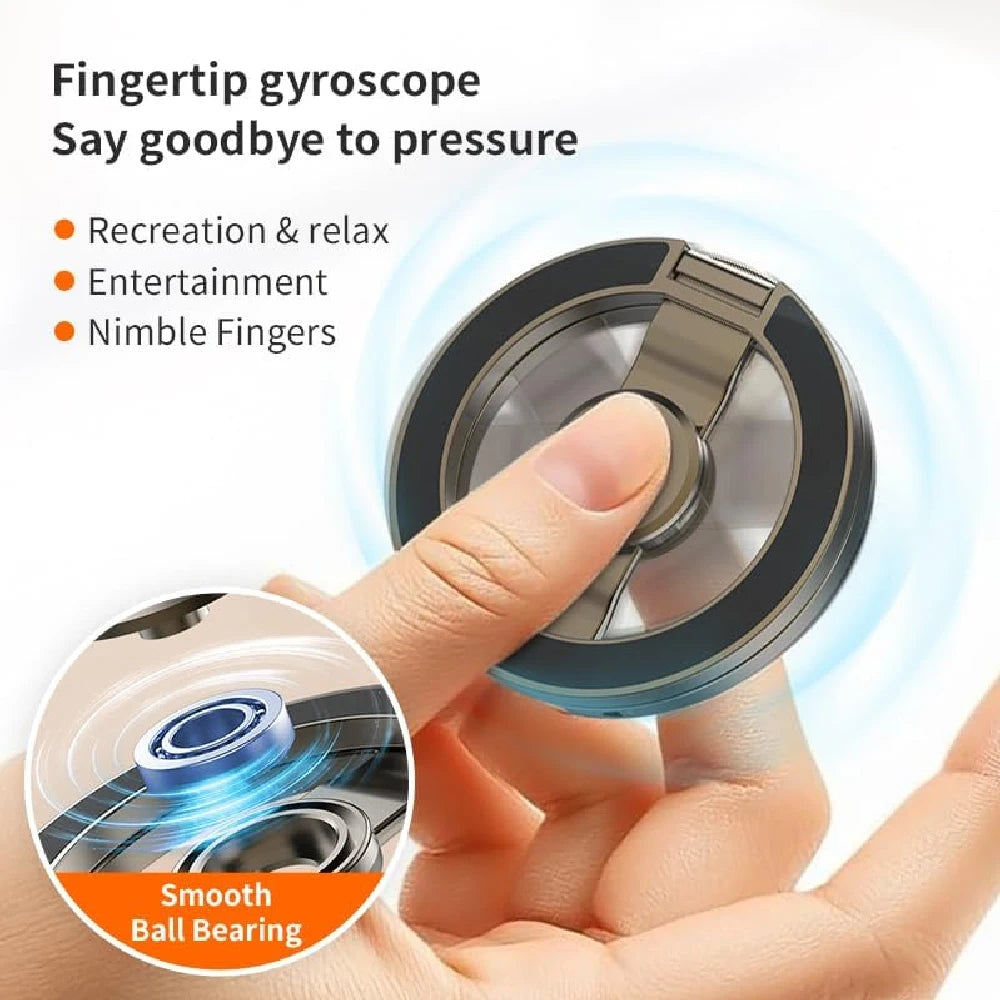 A hand is holding a magnetic foldable phone stand with a fidget spinner component, demonstrating smooth ball bearing movement
