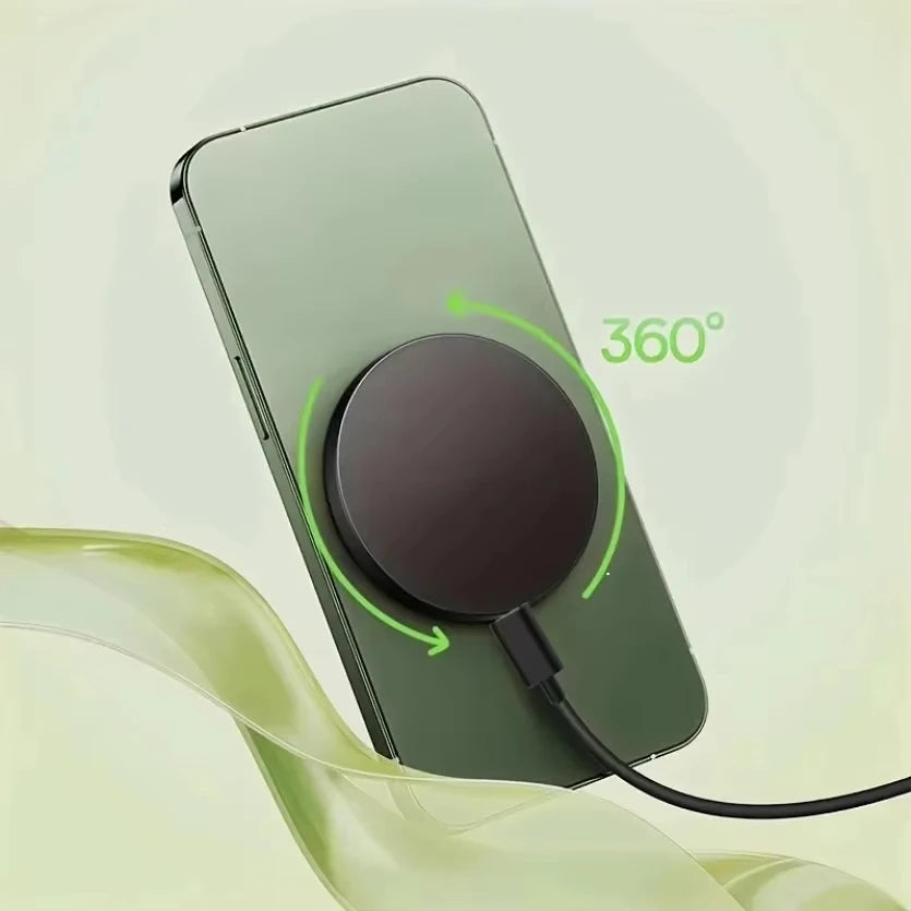 A green smartphone is shown with a magnetic wireless charging pad, indicating 360-degree charging capability.