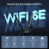 A black Tri-Band Wi-Fi 6E adapter with multiple antennas is shown against a dark background.