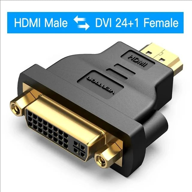 Black bi-directional adapter cable converting HDMI male to DVI female and vice versa