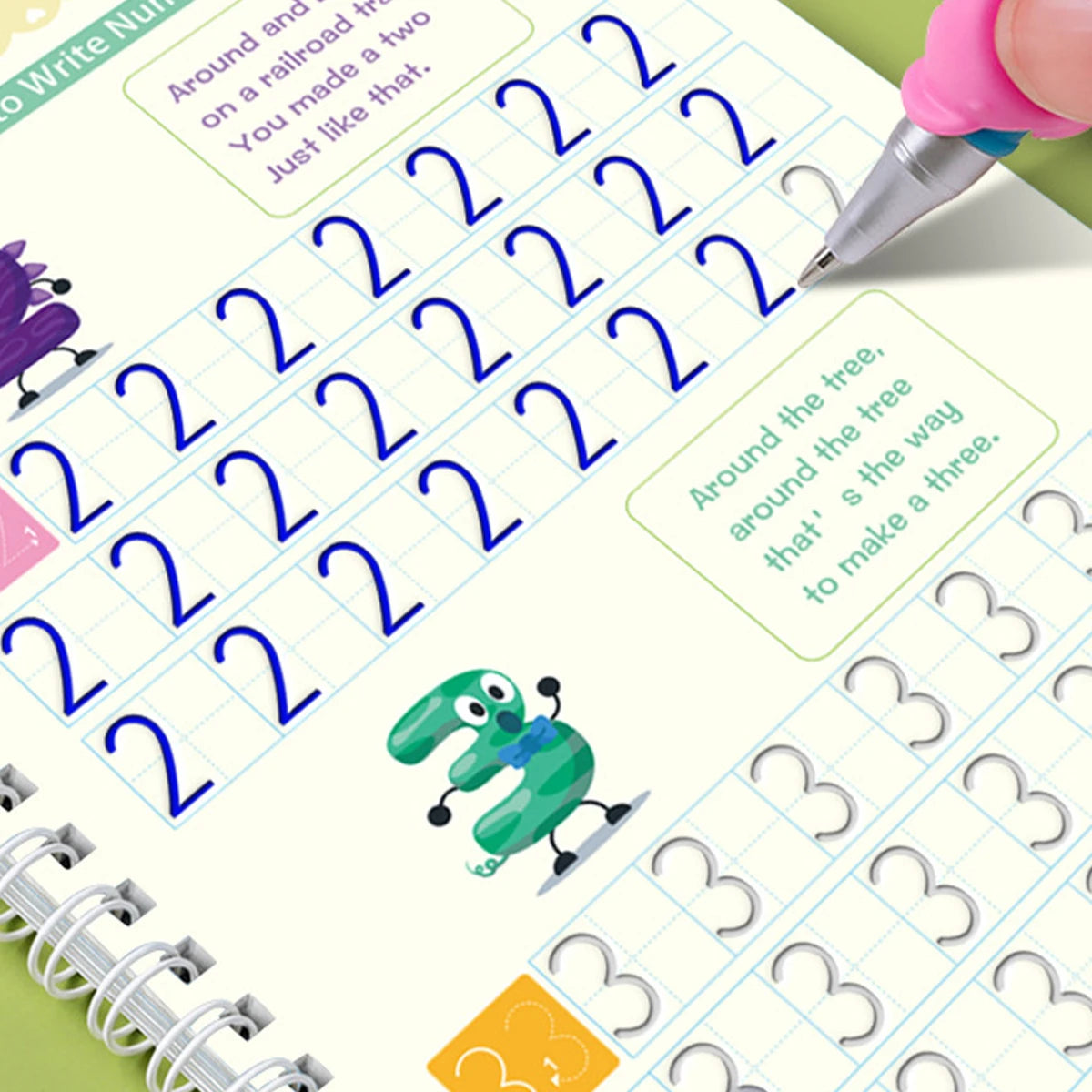 A spiral notebook page filled with numbers and text, featuring a green cartoon character and a pink pen.