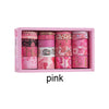 A box filled with pink decorative washi tape rolls featuring various patterns and themes for oil painting