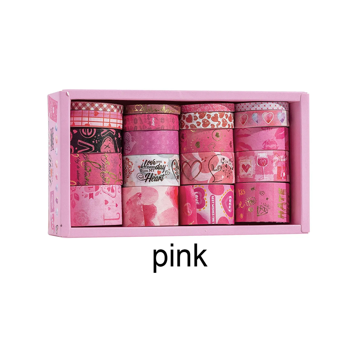 A box filled with pink decorative washi tape rolls featuring various patterns and themes for oil painting