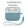 A Pine Green AirPods Pro 3 case with a silicone protective cover and attached lanyard.