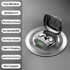 A close-up view of a silver wireless earbud charging case with a lid open, showing the internal components and a power displa