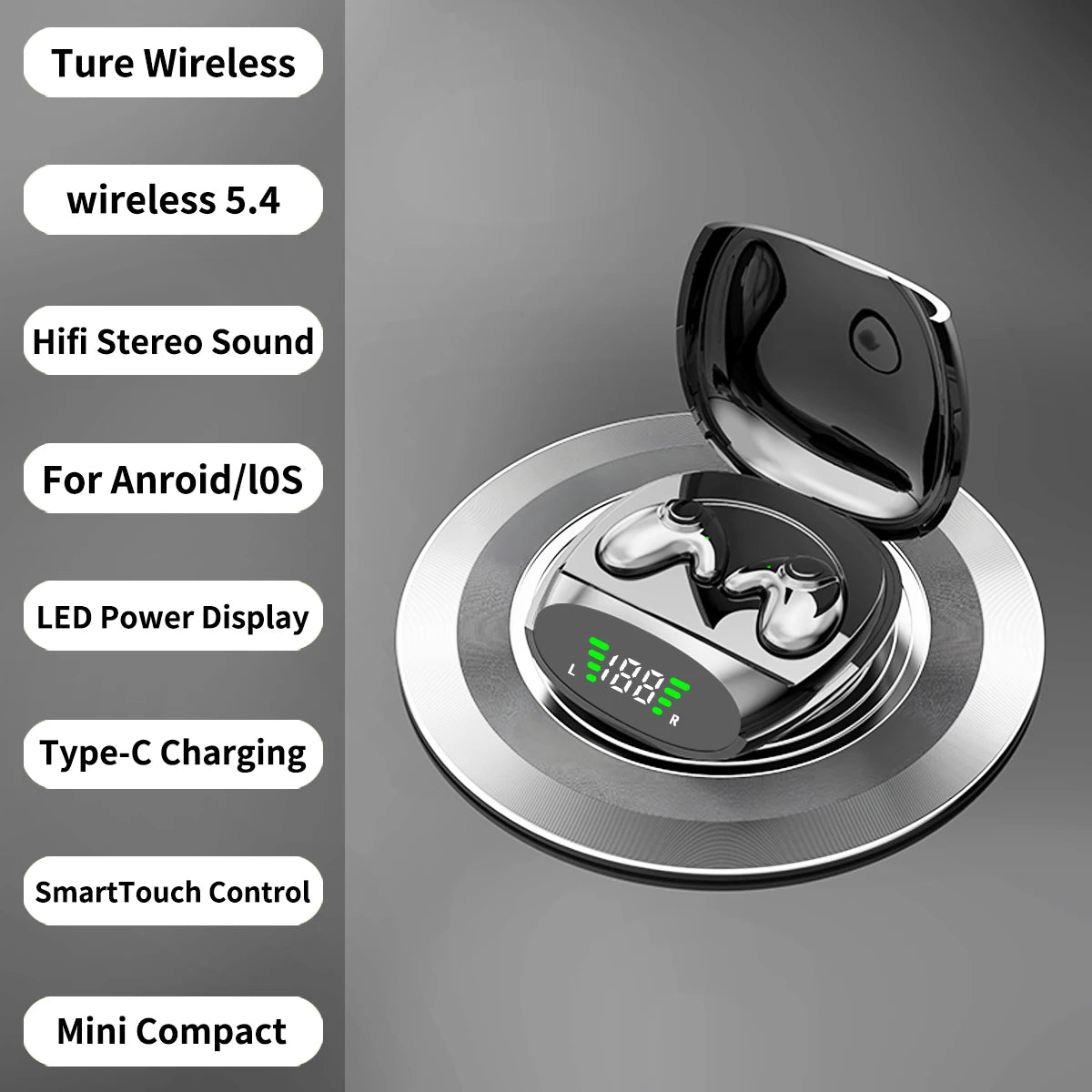 A close-up view of a silver wireless earbud charging case with a lid open, showing the internal components and a power displa