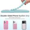 A hand holds a double-sided silicone suction grip phone mount in light blue and pink colors.
