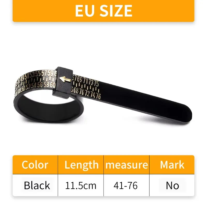 Black reusable ring sizer measuring tool with a yellow arrow indicating the measurement area.