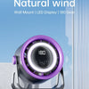 A purple smart fan with an LED display is mounted on a desk, showing 180 degrees of natural wind.